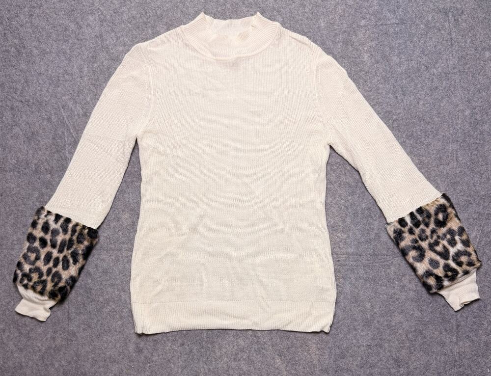 Michael Kors Women’s Small Cream Mock Neck Sweater Leopard Faux Fur Sleeves